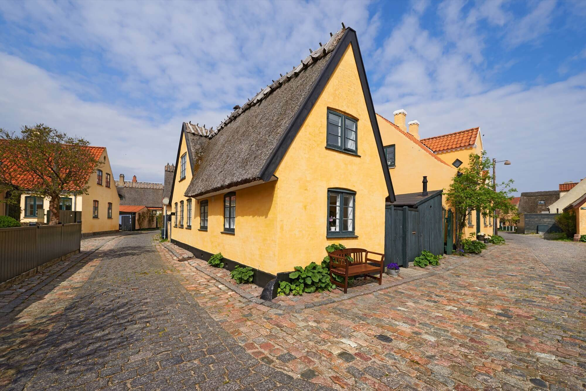 Gulputsade hus med halmtak längs en kullerstensgata, traditionell fasadmålning i skånsk miljö.